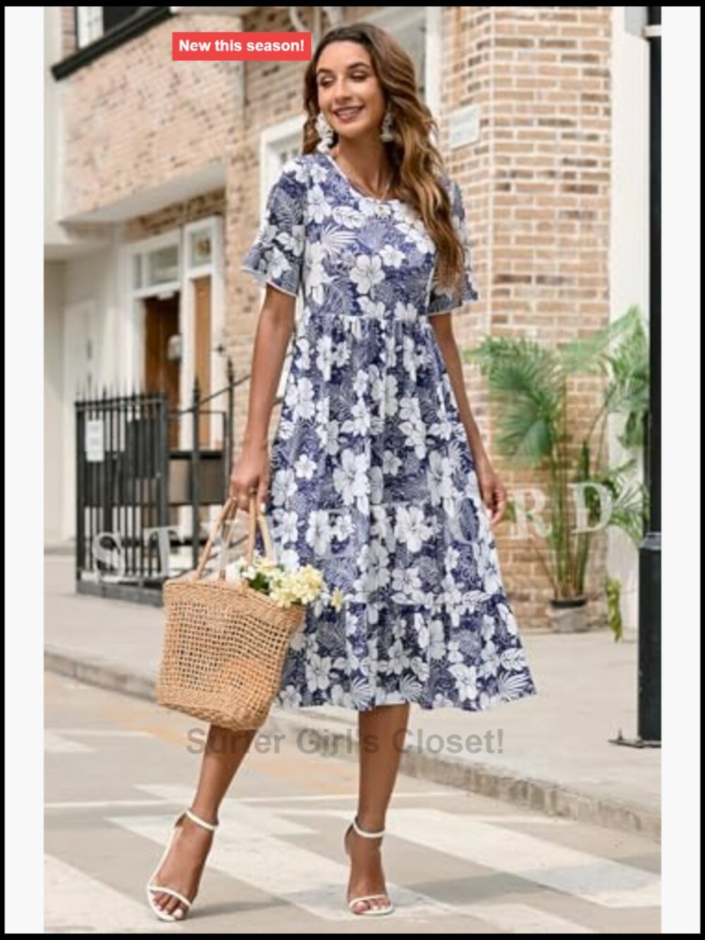 Flowy Midi Casual Summer Dress Short Sleeve Swing - Picture 3 of 7